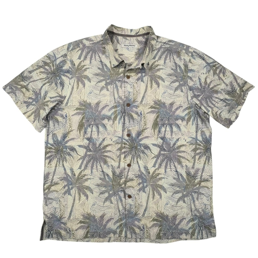 Tommy Bahama IslandZone Camp‎ Shirt Mens XL Cream Blue Palm Tree Silk Blend